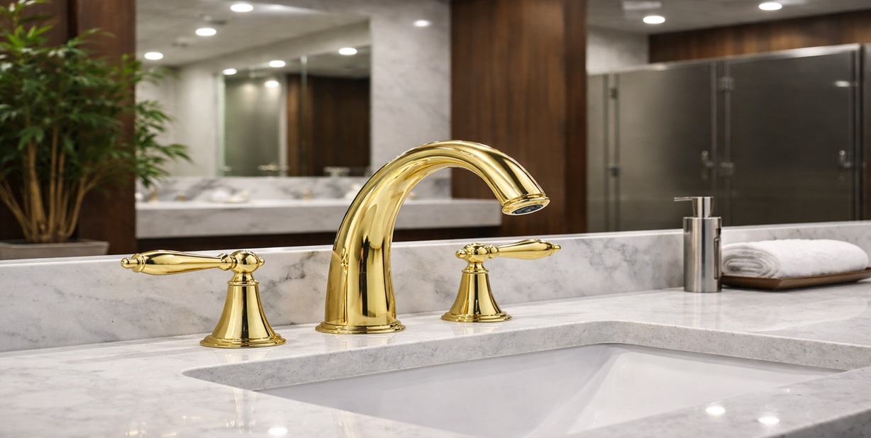Mina gold finish widespread three-hole bathroom sink faucet